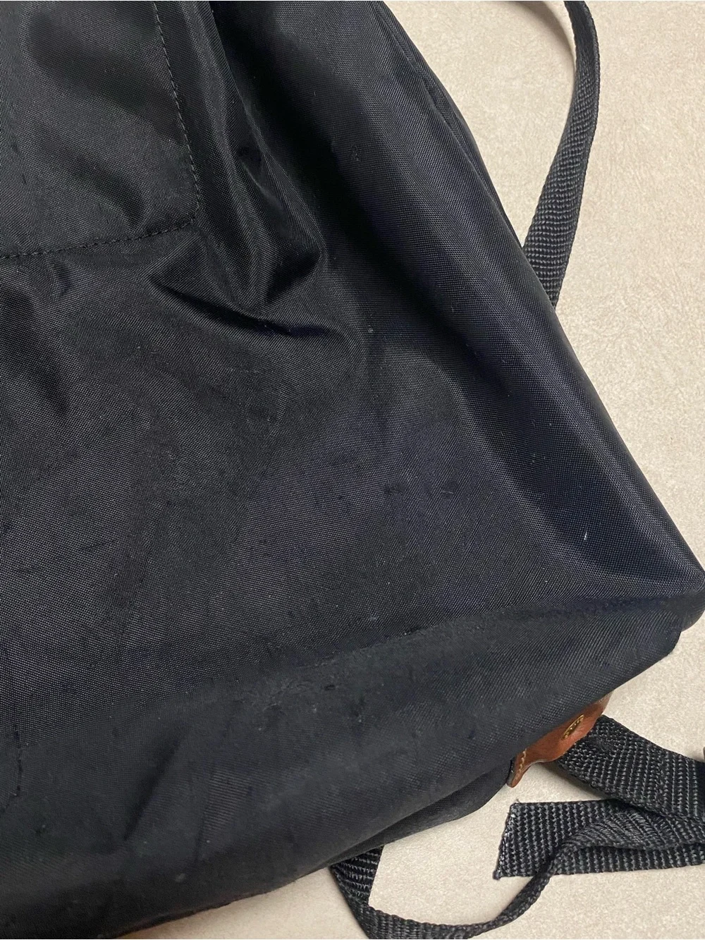 Longchamp Le Pliage Drawstring backpack Black Tan Leather 2 Way Folding NAM LIG